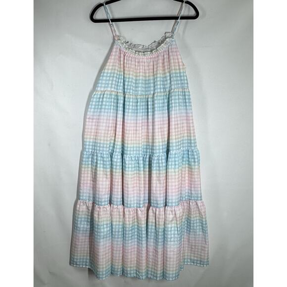 Storia Pastel Gingham Rainbow Midi Dress Size Medium Tired Ruffle - Picture 4 of 9